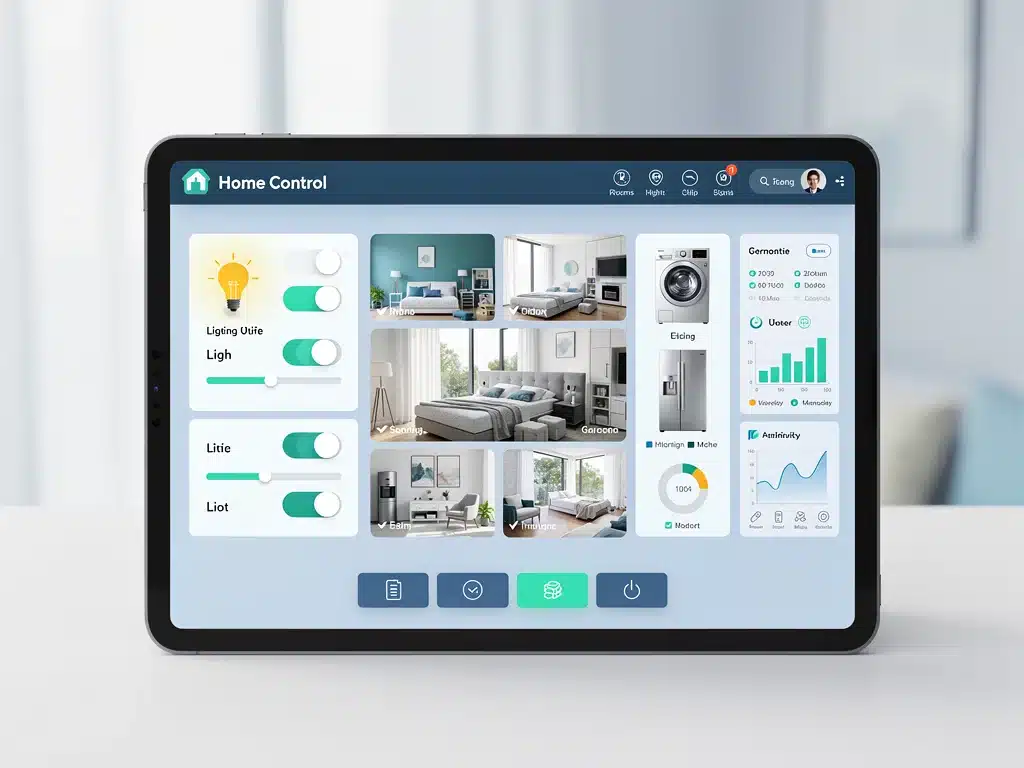 Home automation system interface on a tablet for energy management.