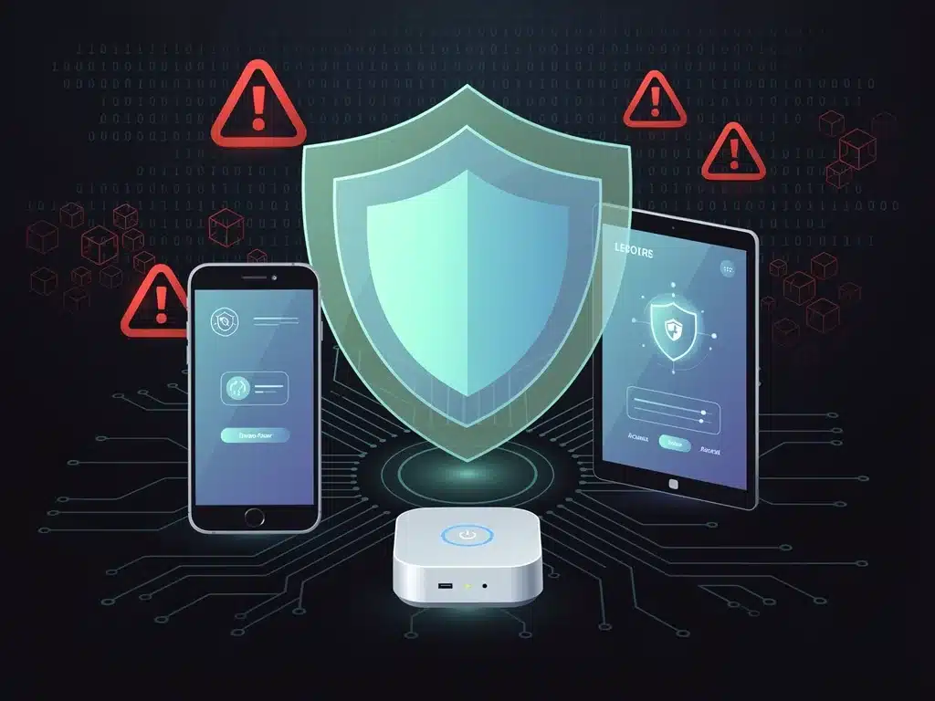 Multi-layered shield protecting digital devices from threats.