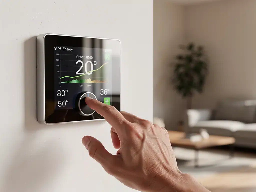 Smart thermostat showing energy savings data in a modern home.