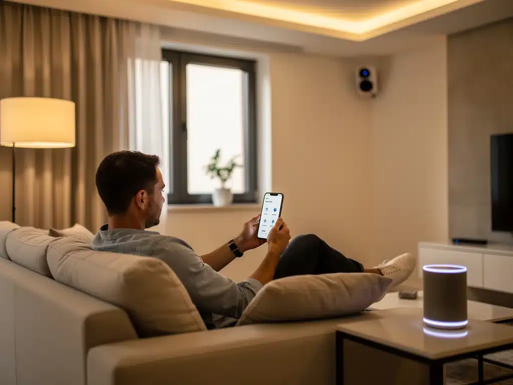 Person controlling smart home appliances via smartphone app