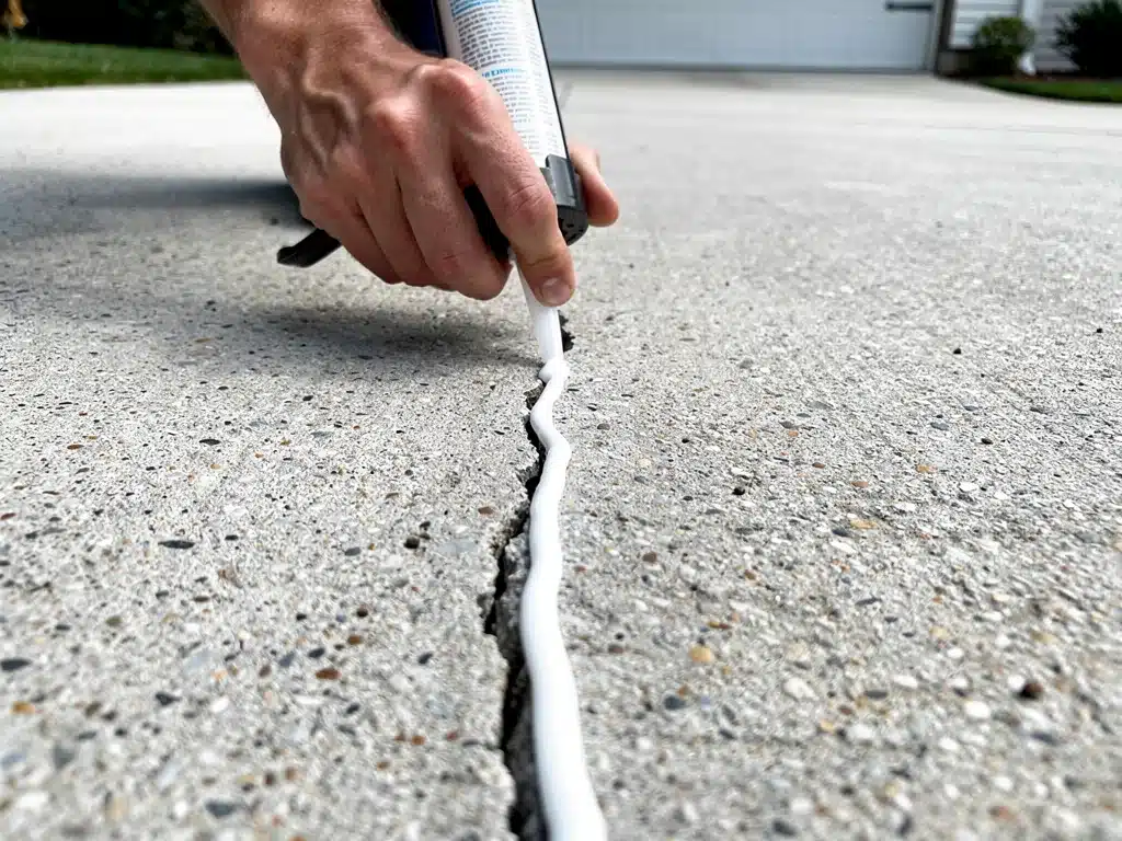 Sealing cracks in a driveway as part of spring home maintenance.