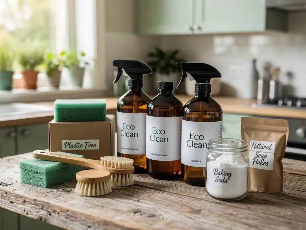 Assortment of natural, refillable, eco-friendly cleaning products on a wooden counter.