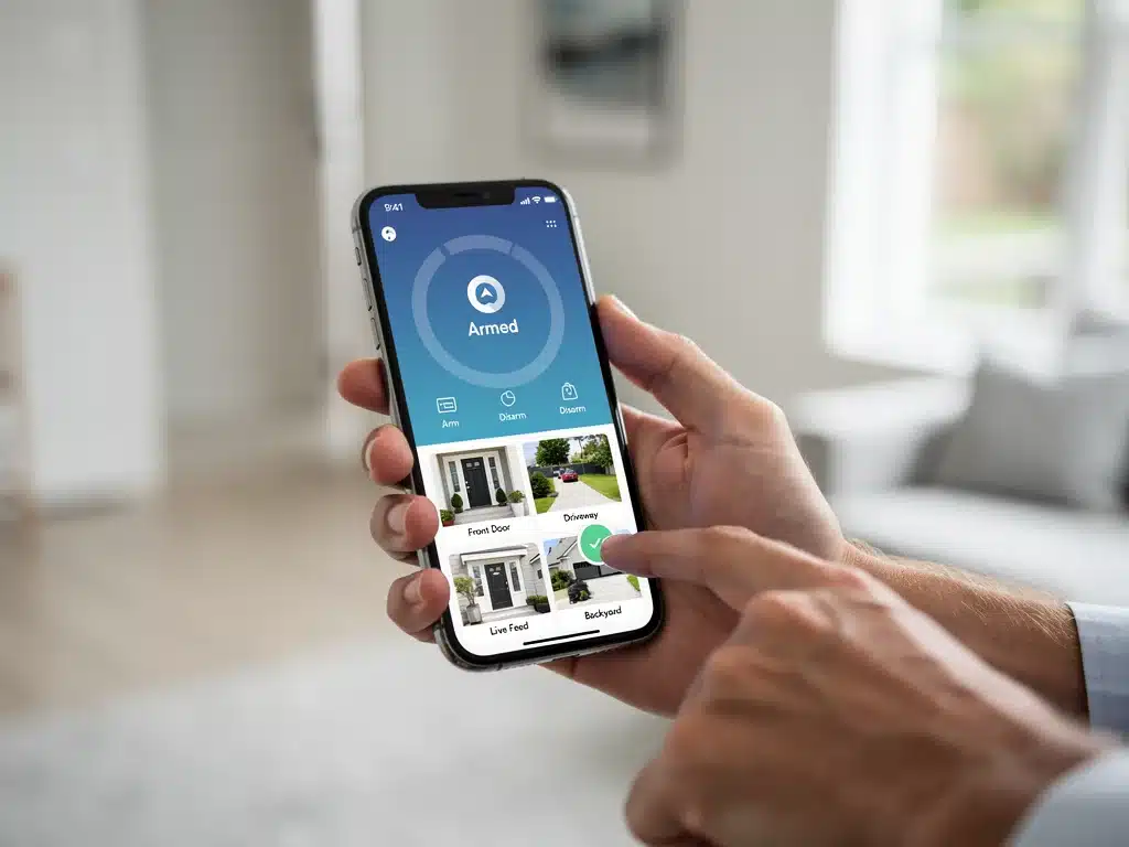 Woman controlling home security via smartphone app