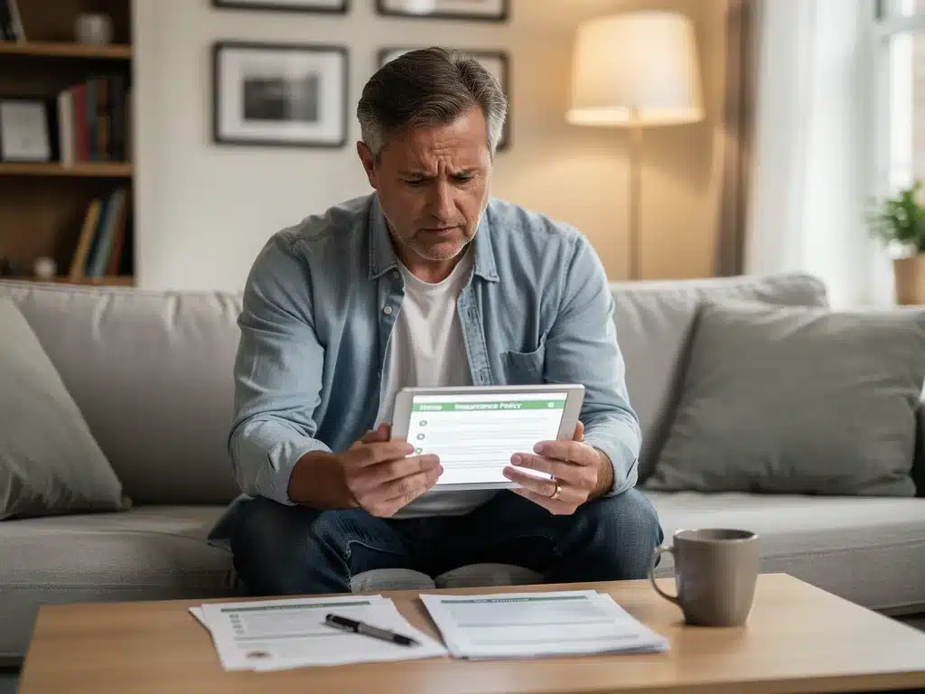 Homeowner reviewing complex insurance policy documents on tablet