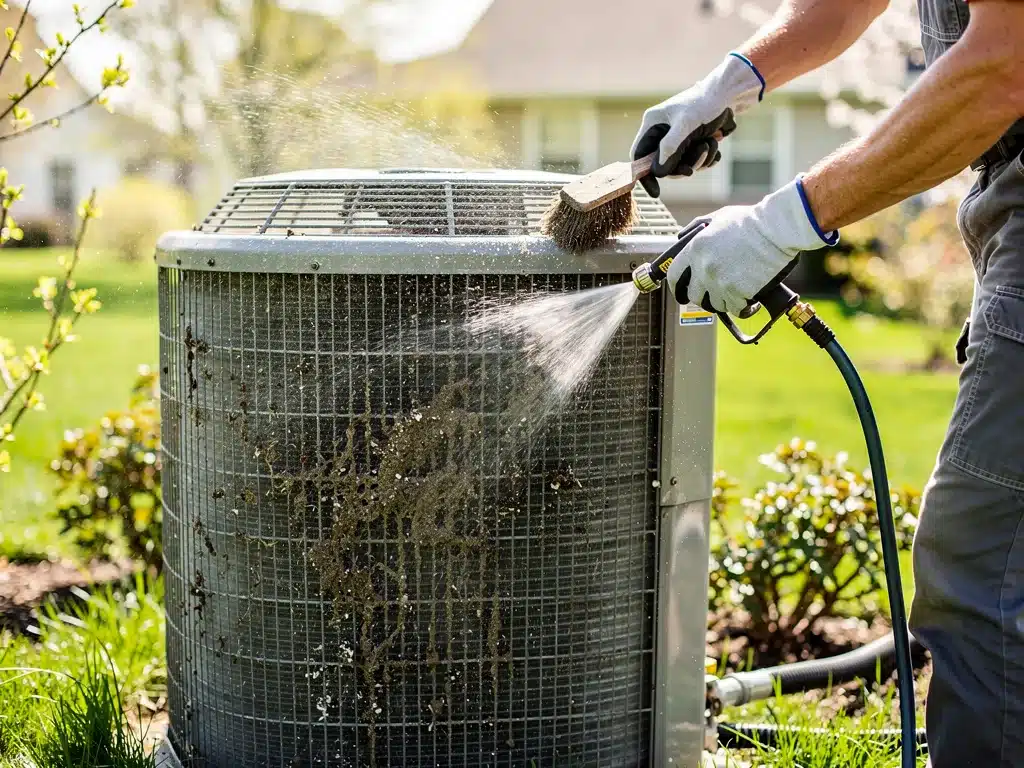 Cleaning an outdoor air conditioning unit for spring maintenance.