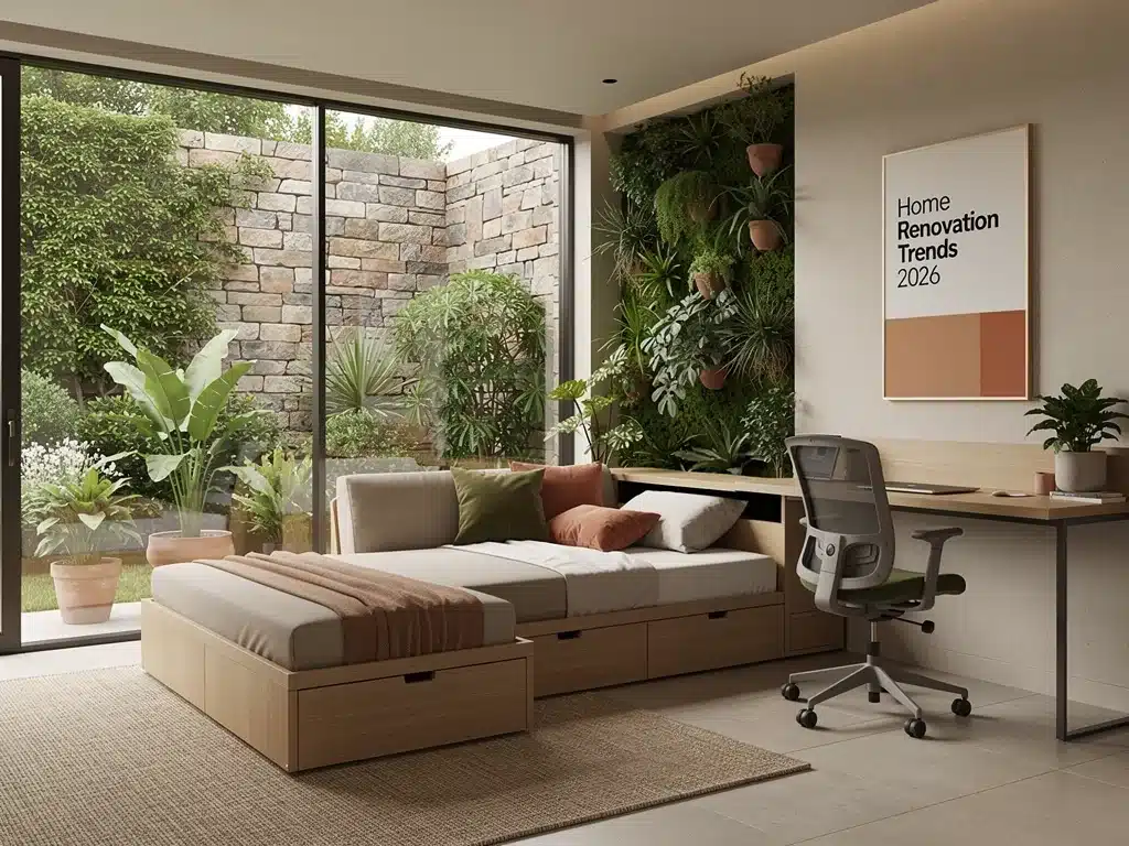 Multi-functional living space with modular furniture and biophilic design, 2026 trends