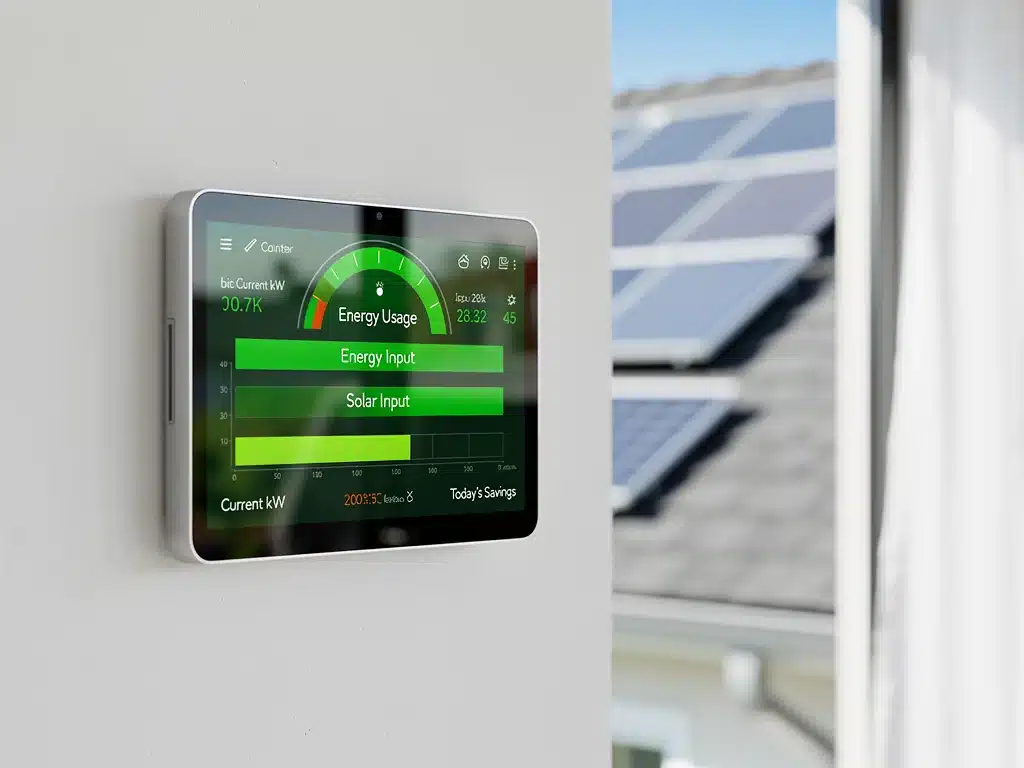 Smart home energy monitor showing reduced consumption with solar power integration.