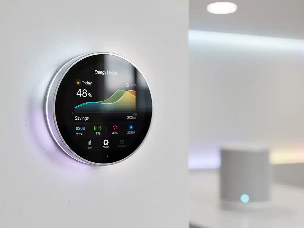 Smart thermostat displaying energy usage, integrated with smart lighting.