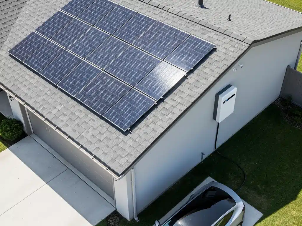 Residential solar panels and home battery storage system on a modern roof.