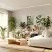 Family enjoying a modern, sustainable living room with eco-friendly furniture and abundant natural light.