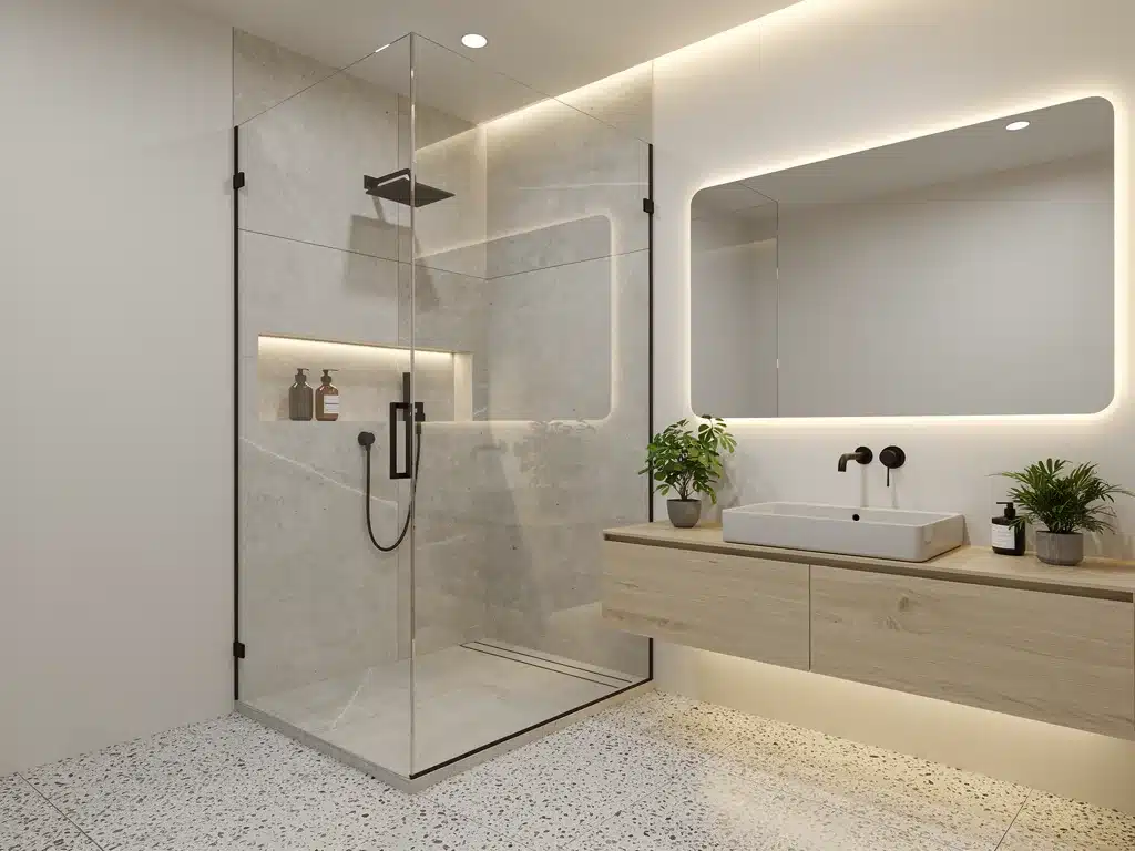 Sustainable minimalist bathroom with walk-in shower, reflecting 2026 trends