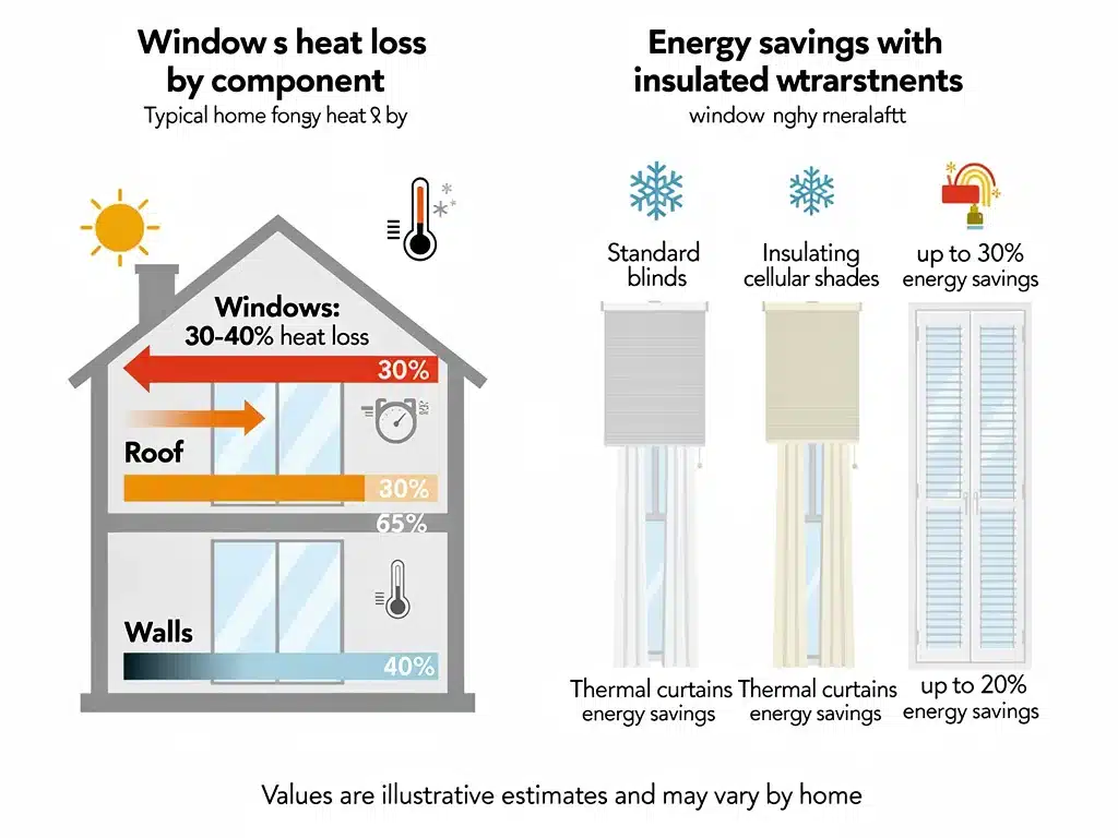 Illustration showing heat transfer through a residential window and methods for improving efficiency